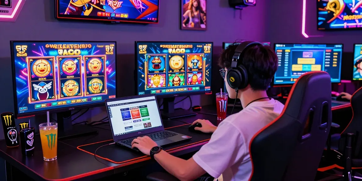 Excited player enjoying a slot gacor game, vibrant online gaming setup.