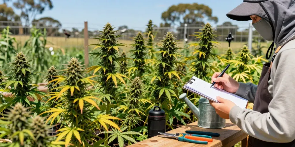 Cultivating Cannabis Seeds ACT in a vibrant garden with diverse plants and a knowledgeable gardener.