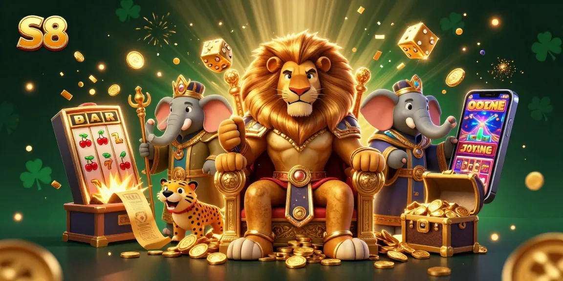 S8 Casino experience depicted with stylized lion king and slot machine jackpot scene for immersive gambling fun.