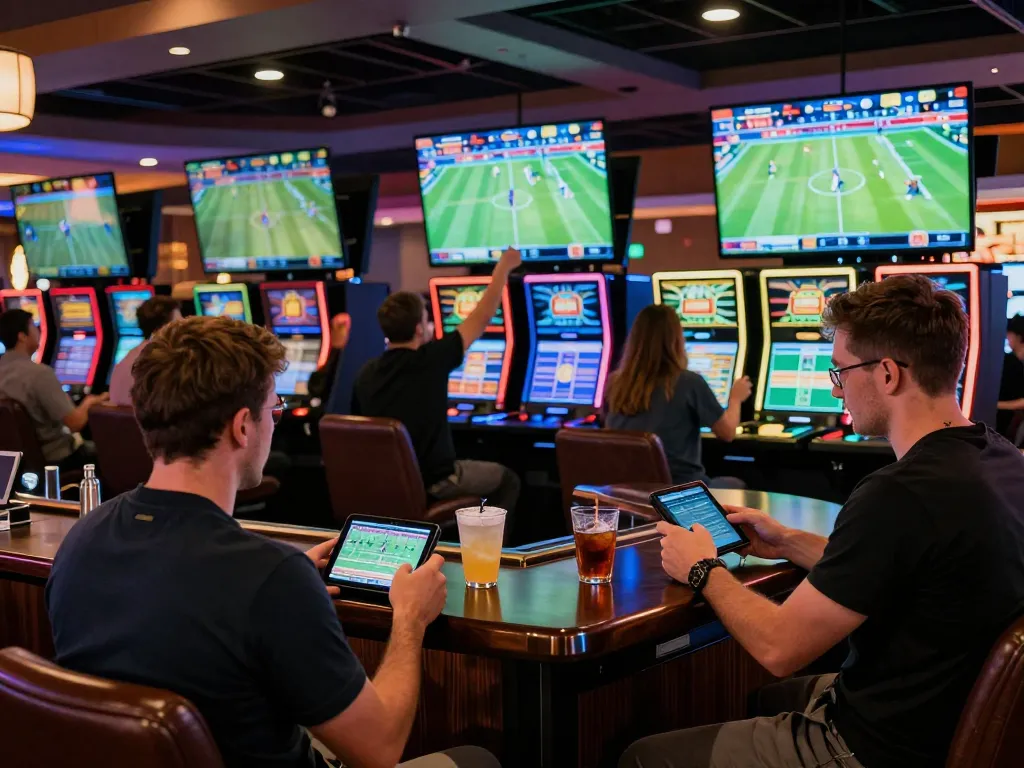 Engaged sports bettors analyzing odds on keonhacai screens during an exciting game.
