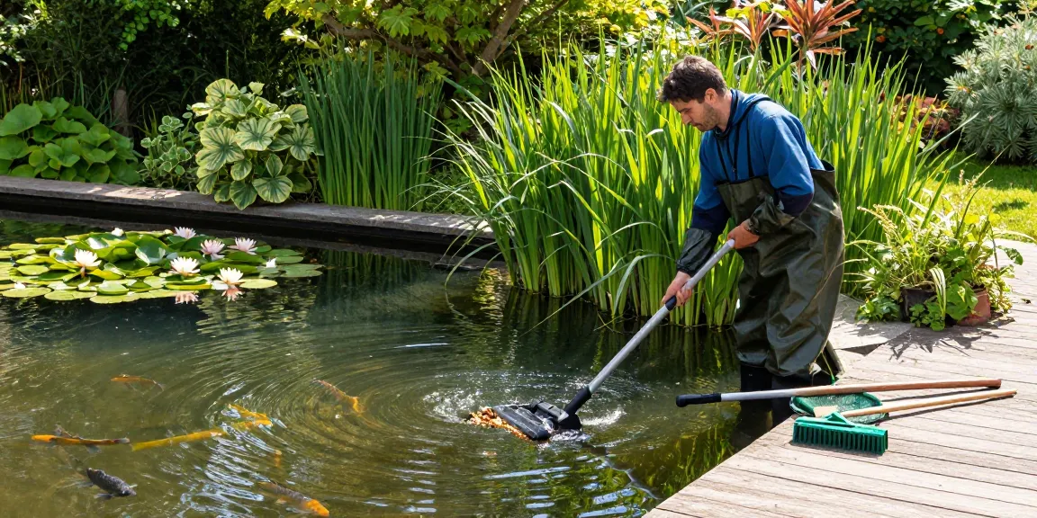 Pond Clean Kent service in action, showcasing a cleaner tending to a lush garden pond.