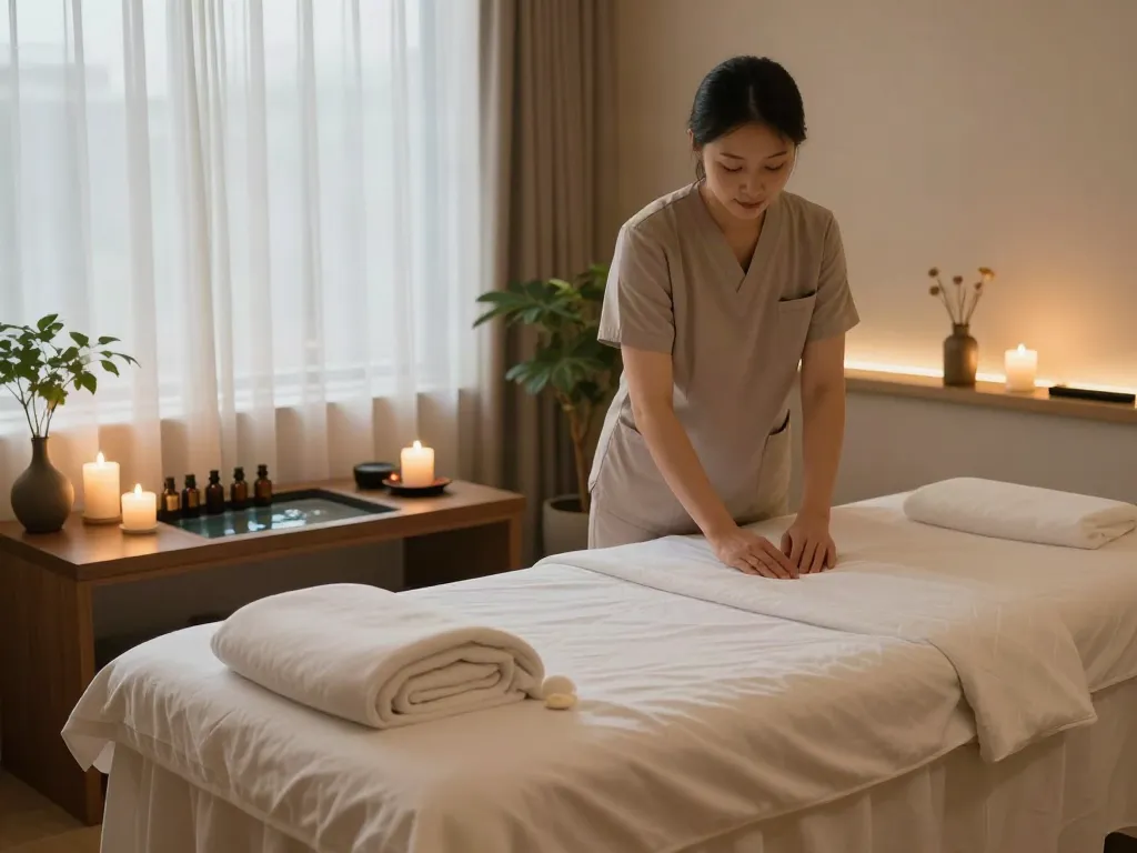 Relaxing 송파출장마사지 environment with therapist preparing a serene massage room.
