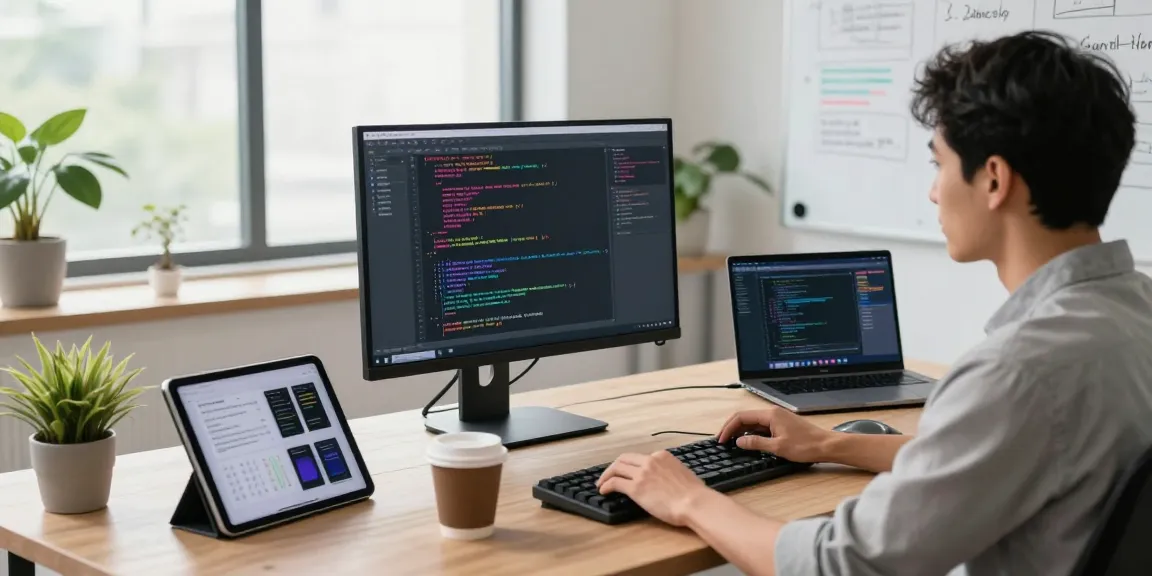 Software developer coding in modern workspace with cika4d technologies, showcasing vibrant displays and high-tech gadgets.