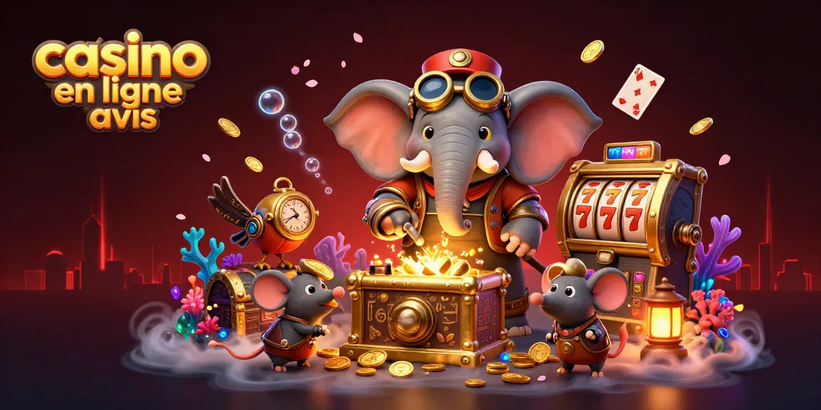 Découvrez les avis sur les casinos en ligne avec un éléphant ingénieur dans une illustration dynamique.