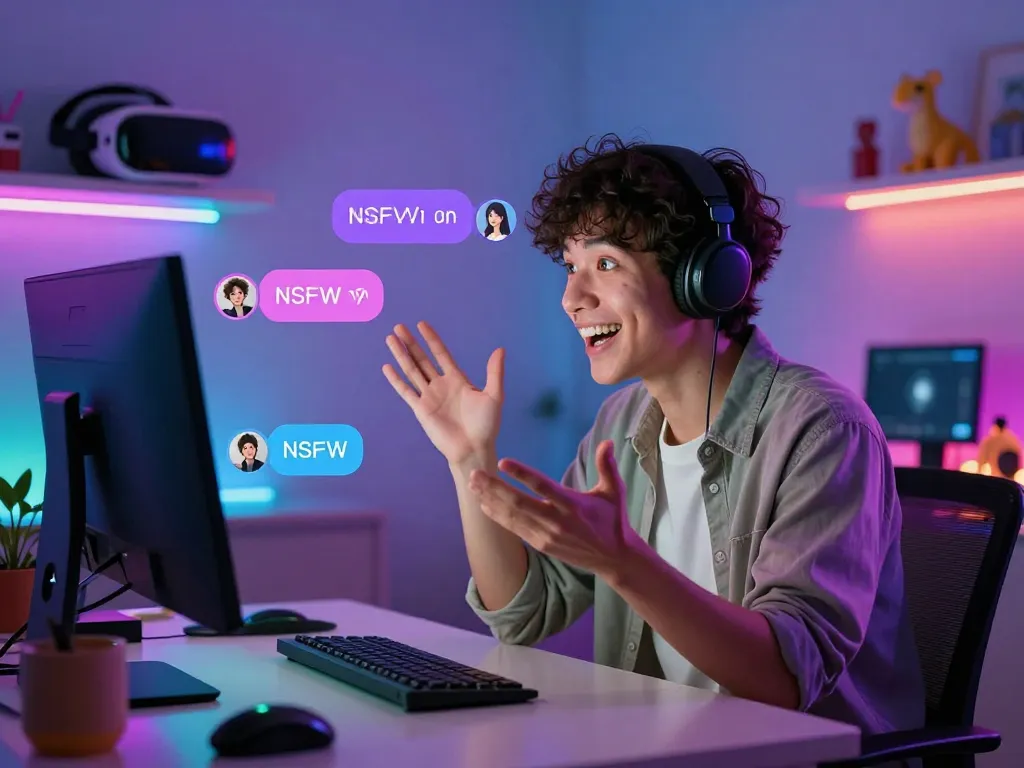 Engaging user interacting with nsfw ai chat on a sleek computer, colorful ambient lighting enhancing the playful atmosphere.