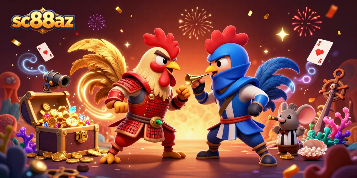 Witness the dramatic standoff of twin roosters in samurai and ninja outfits at sc88az online casino.