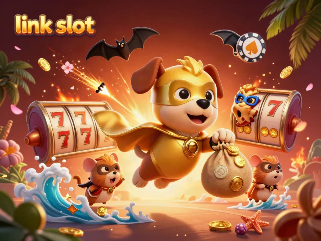 Slot link dibuka dalam gambar penuh warna dengan superhero anjing dengan koin emas, penuh keberuntungan.