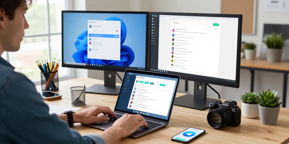 Person using Telegram中文版 on dual monitors in a modern tech workspace.