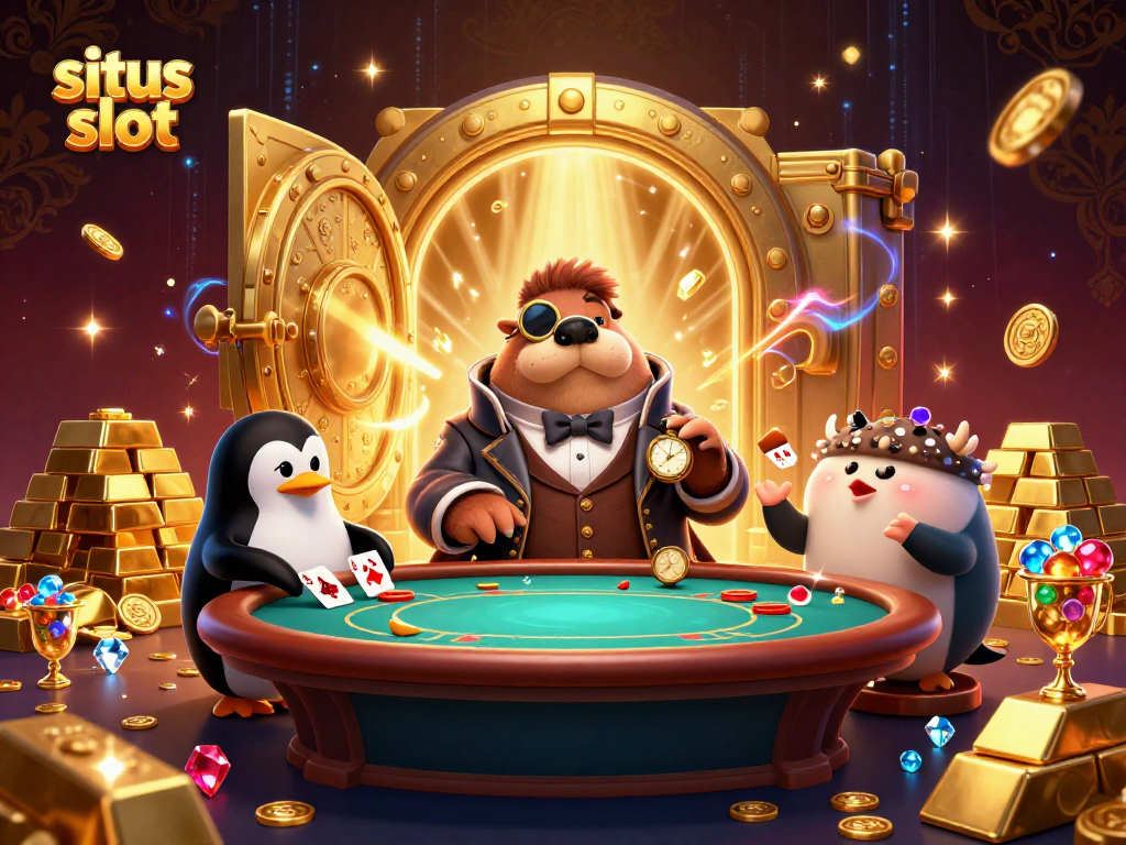 Permainan situs slot dengan walrus kartun, dealer penguin dan ikan puff dalam suasana kasino yang megah.