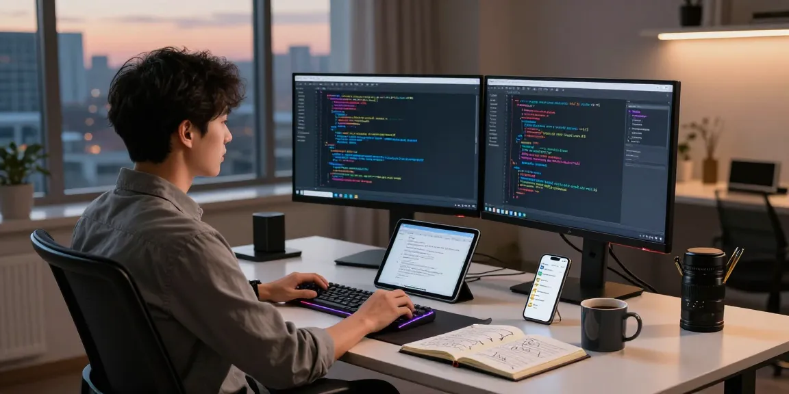 Developer using 纸飞机中文版 app in a modern workspace with tech gadgets and urban view.