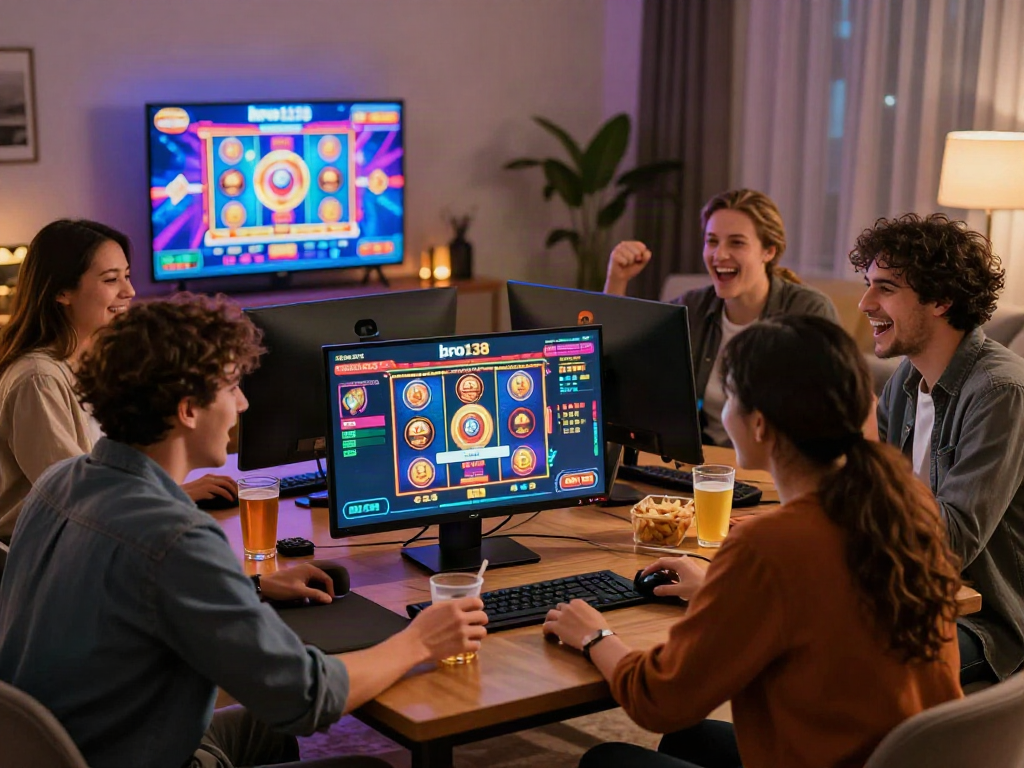 Engaging group around a computer using the bro138 slot login link alternatif in a vibrant online casino setting.