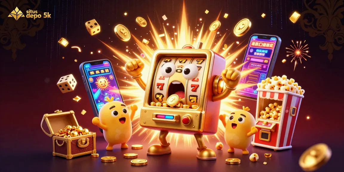 Winning at situs depo 5k with golden slot machines celebrating jackpot moments amid vibrant casino elements.