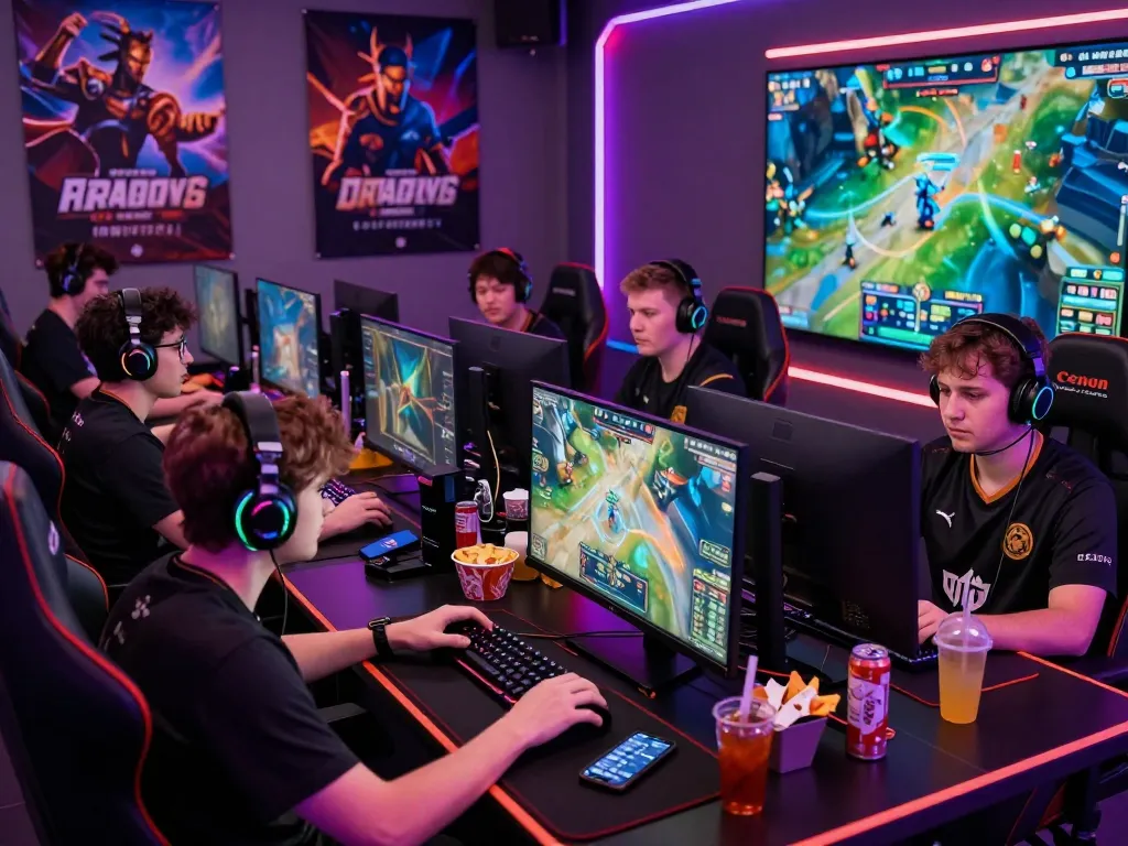 Dynamic esports betting Singapore scene with gamers focused on a League of Legends match and betting odds on smartphones.