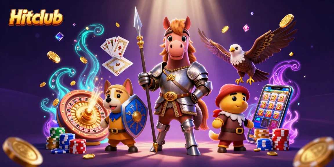 Experience excitement at Hitclub with a vibrant 3D casino illustration featuring knights, coins, and game elements.