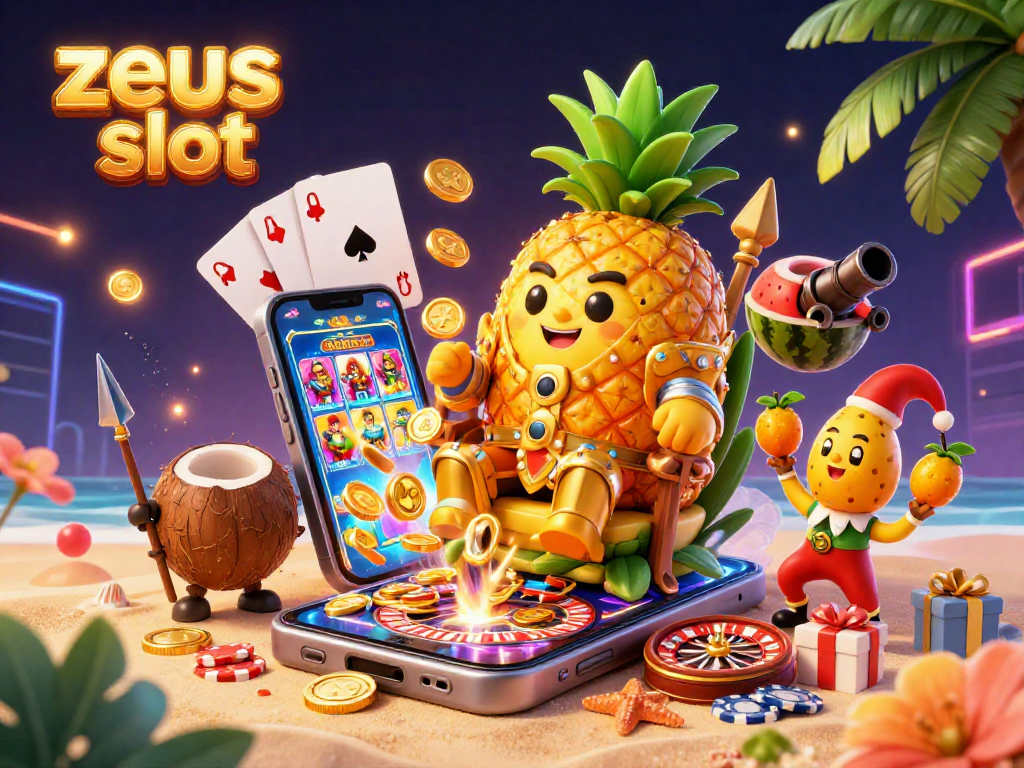 Experience thrilling gameplay with zeus slot, featuring a tropical-themed golden pineapple king and dynamic game elements.