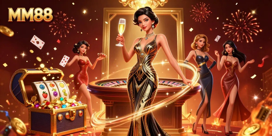 Experience the excitement of MM88 with a glamorous casino scene, showcasing elegant gameplay elements and festive colors.