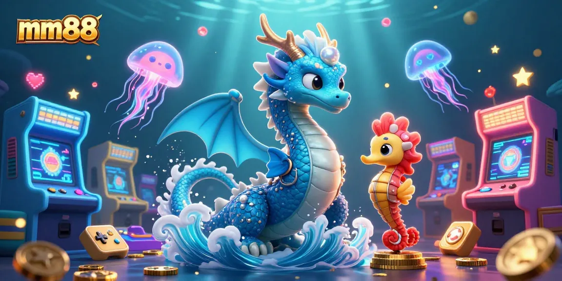 Experience exhilarating gameplay with MM88, featuring a vibrant 3D dragon and fun arcade machines.