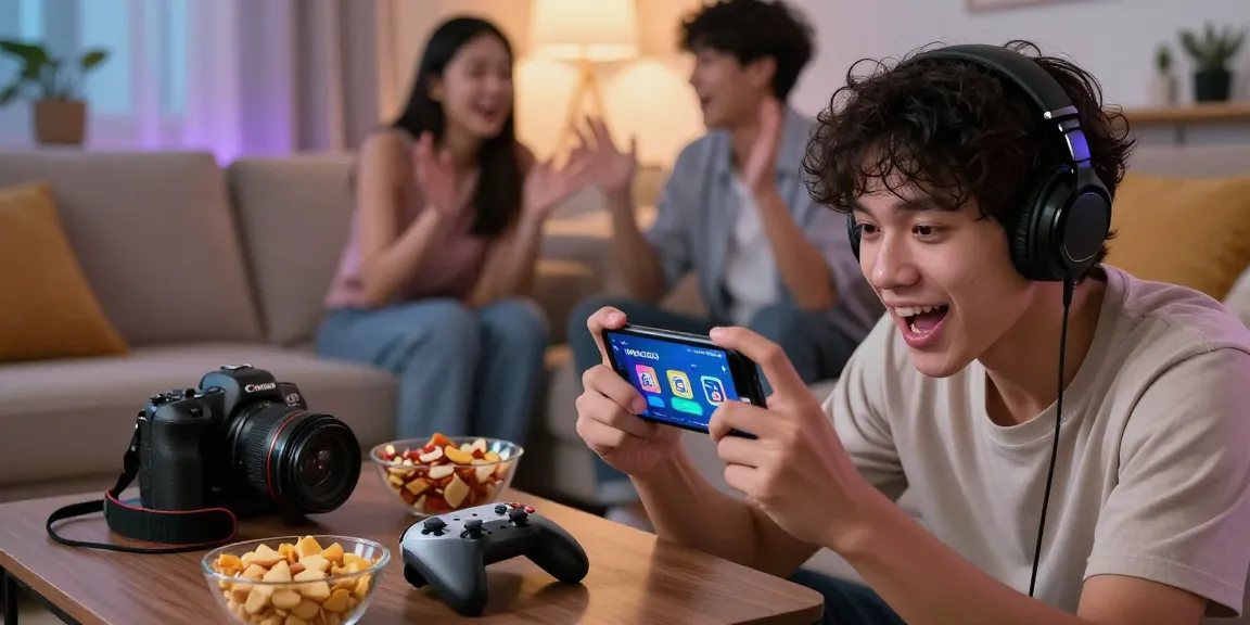 Aktivitas pengguna menggunakan aplikasi NAGA2000 untuk topup akun game gratis biaya admin setiap hari melalui QRIS di ruang santai.