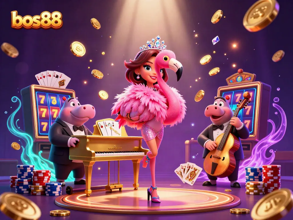 Permainan slot seru bos88 dengan penyanyi flamingo dan pemain jazz hippo di kasino.