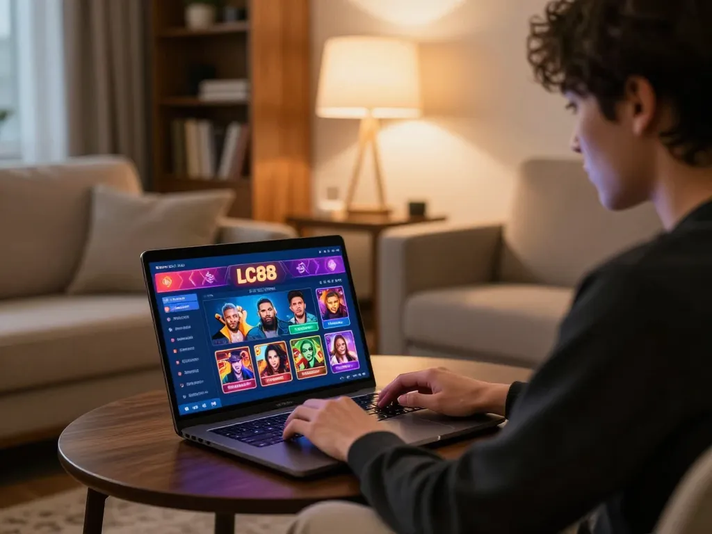 Engaged player interacting with LC88 online casino game in a cozy home environment.
