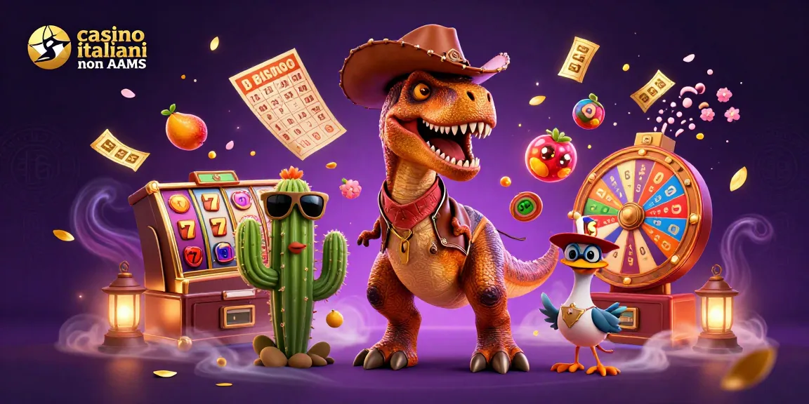Scopri l'emozione con i casino italiani non AAMS che mostrano un T-Rex, un cactus e un corridore in un'avventura di slot vibrante.