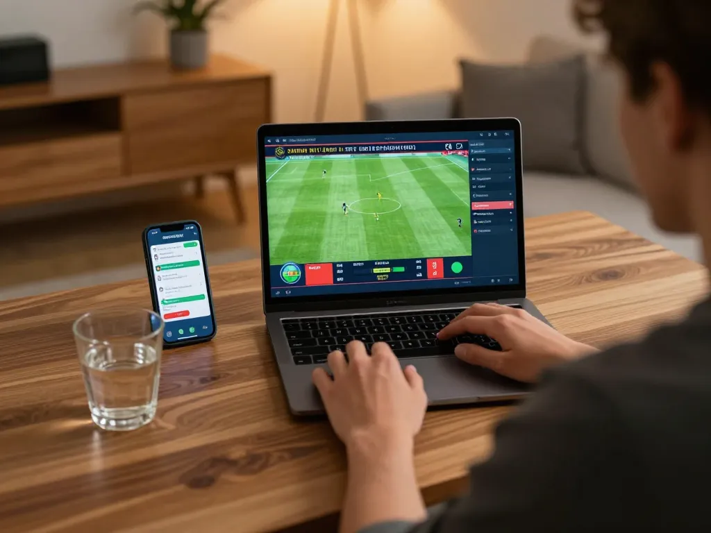 vipwin79 user placing bets on sports events via laptop in a contemporary home office