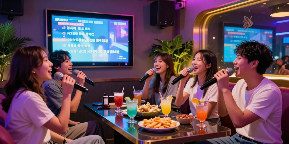 A lively 제주유흥 experience at a karaoke bar with friends enjoying drinks and singing in Jeju.
