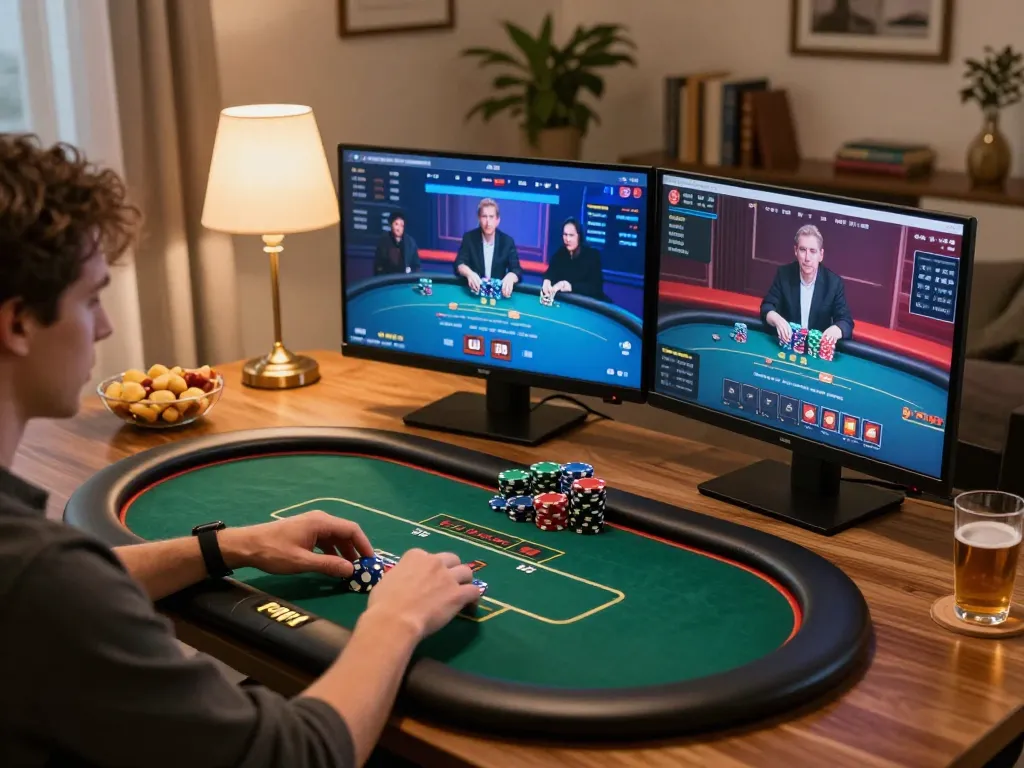 Engaging in online poker gameplay with fly88 while managing bankroll and strategies in a cozy home environment.