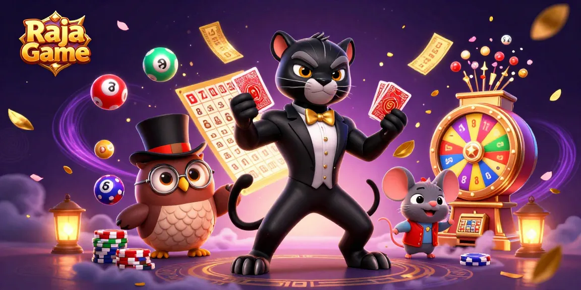 Raja Game features a stylish panther dealing cards amidst colorful lottery elements for thrilling gameplay.