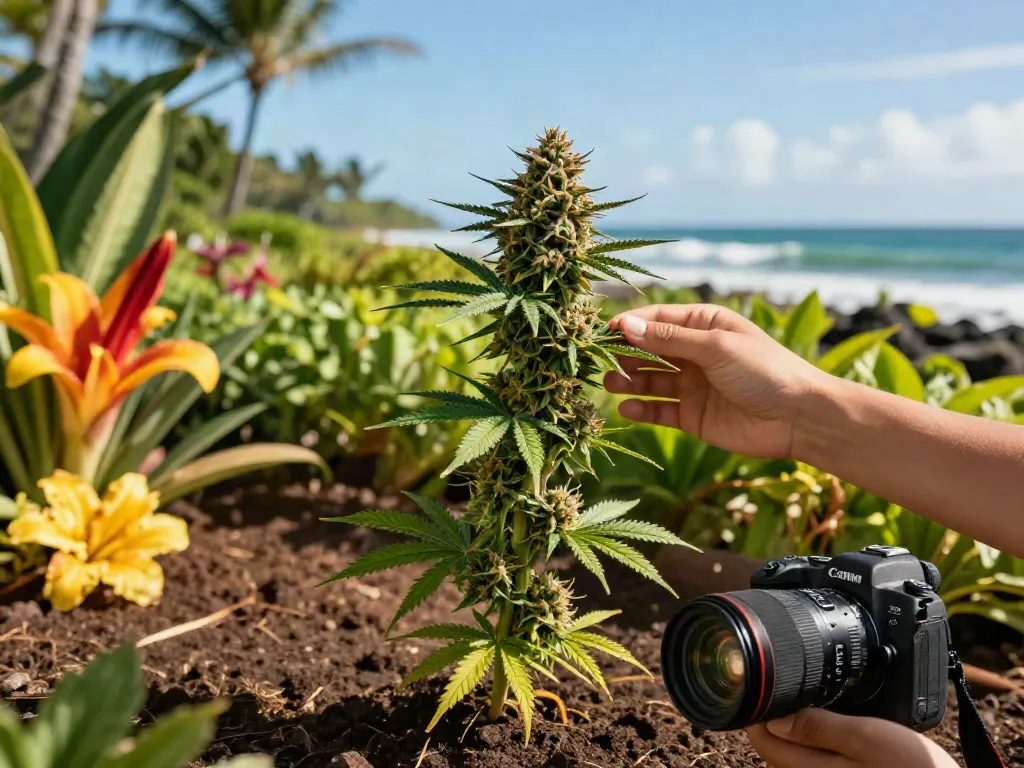 Maui Wowie strain buds examined in a lush tropical Hawaiian landscape