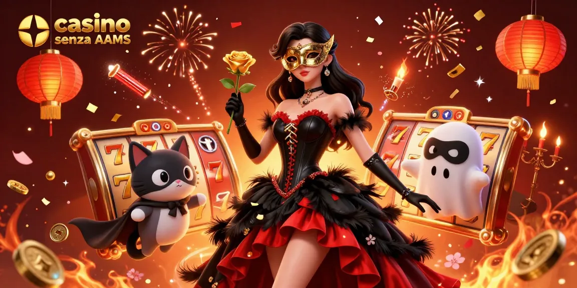Scopri l'emozione del casino senza AAMS con rulli delle slot e elementi festivi in un'illustrazione vibrante 3D.