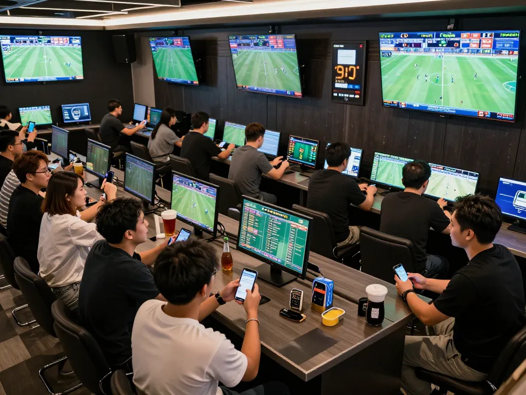 Exciting patrons engaging with kèo nhà cái hôm nay at a lively sports betting bar with live screens.