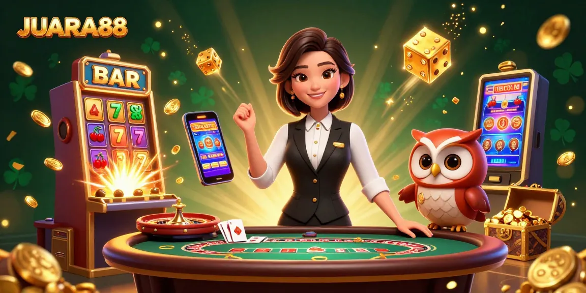 Experience the thrill of JUARA88 with a dynamic 3D casino scene featuring a charming dealer duo.