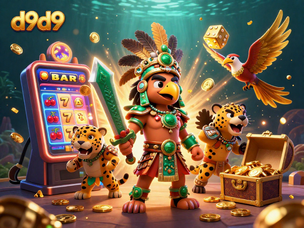 Maglaro at manalo ng d9d9 habang nagpasabog ng mga coins mula sa slot machine sa makulay na 3D na eksena.