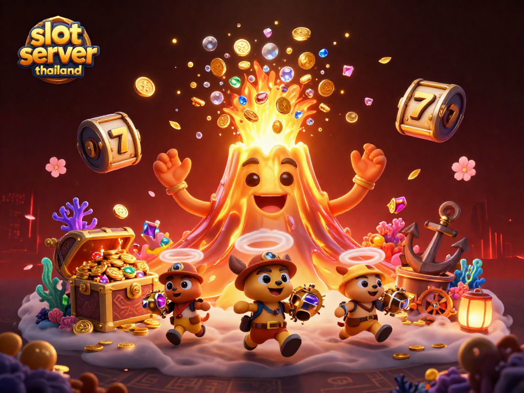 Experience the excitement of slot server thailand with vibrant 3D cartoon illustration featuring a golden volcano and treasure.