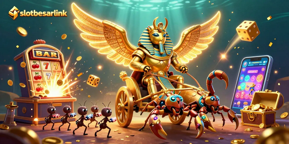 Win big with slotbesarlink's exciting online slots and casino games, featuring golden elements and vibrant actions.