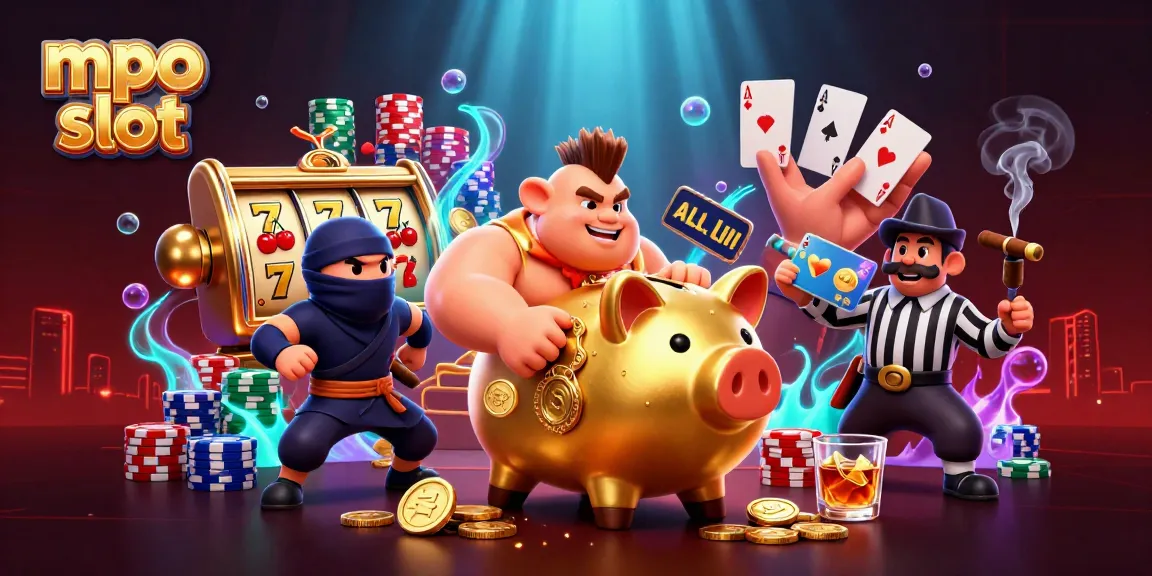 Experience mpo slot excitement with a golden piggy bank sumo wrestler and colorful slot reels!