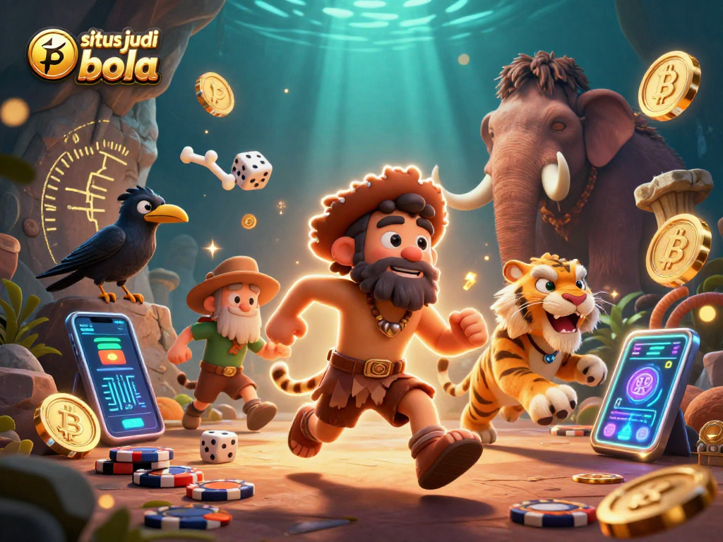 Experience situs judi bola with a dynamic prehistoric casino landscape featuring cavemen and neon crypto elements.
