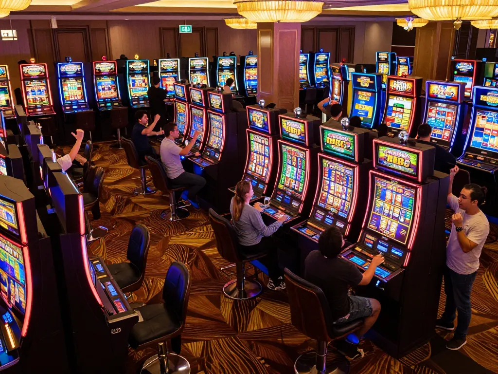 Engaged players enjoying slot gaco machines in vibrant casino atmosphere, basking in ambient lighting
