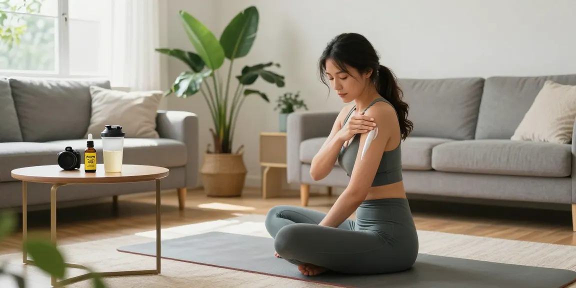 Muha Med CBD oil and topical cream in a post-workout recovery scene, showcasing natural wellness products for active living.