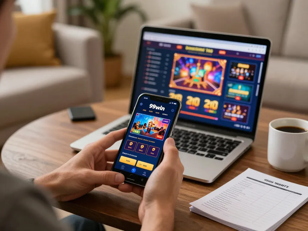 Player enjoying 99win mobile app at home while managing their bets responsibly