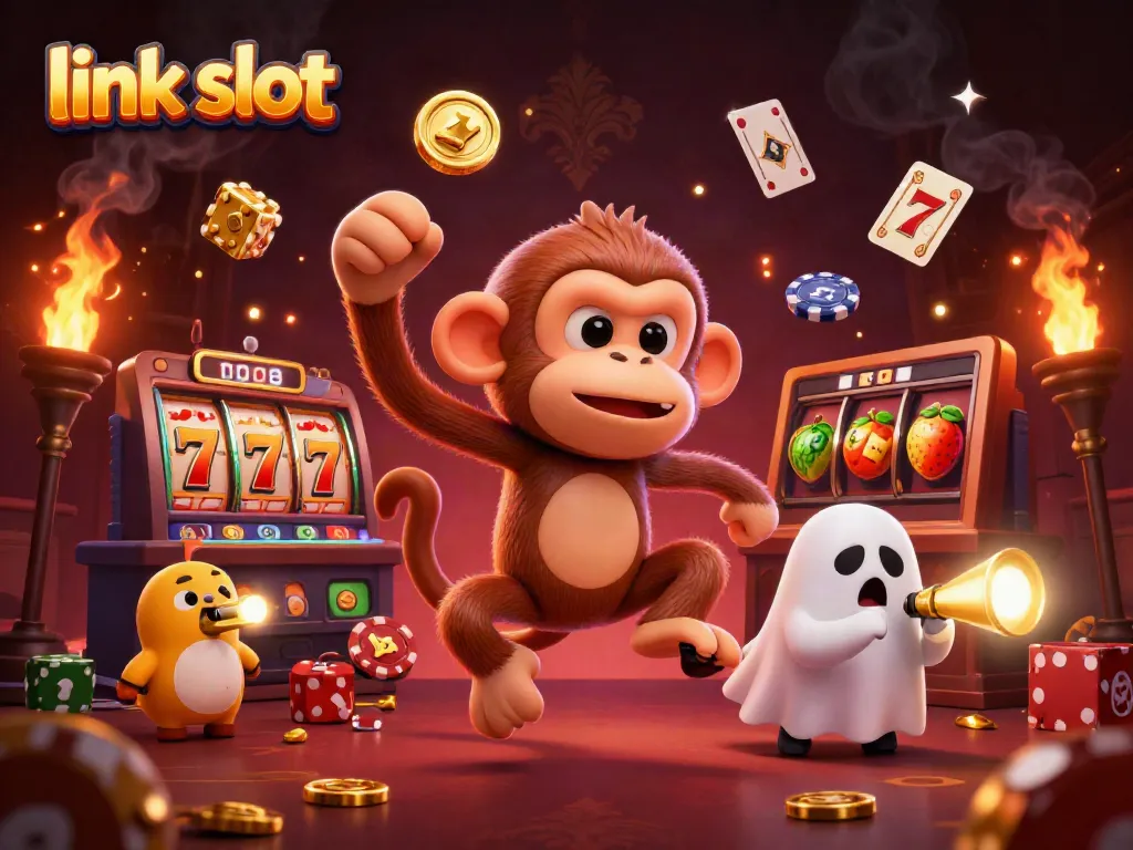Permainan link slot yang menyenangkan dengan simbol slot, hantu, dan koin emas bertebaran.