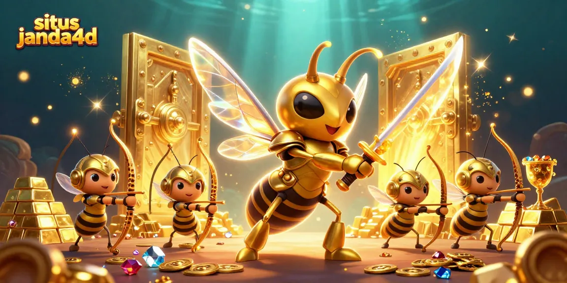 Visualisasi lagu situs janda4d dengan karakter 3D lucu di tengah tumpukan koin emas dan permata.
