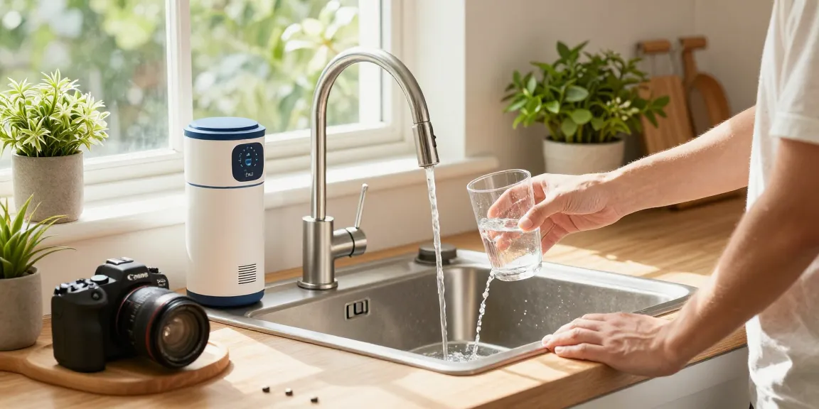 Waterdrop AP117 Whole House Water Filter providing clean water in a modern kitchen, highlighting filtered water use.
