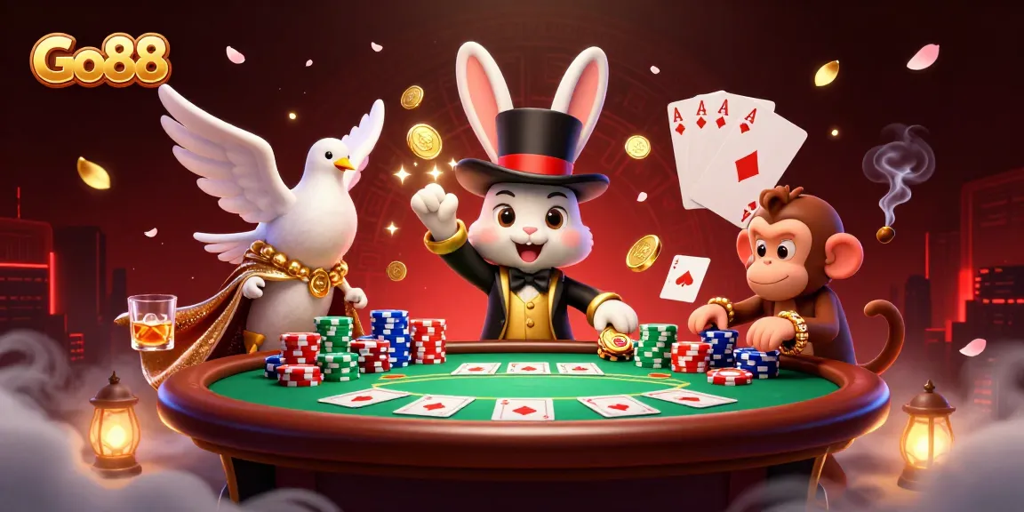 Go88's vibrant scene of a magician rabbit pulling coins, showcasing a dynamic poker game atmosphere.