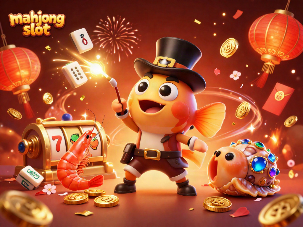 Play the mahjong slot with lucky characters and festive elements in this vibrant illustration.