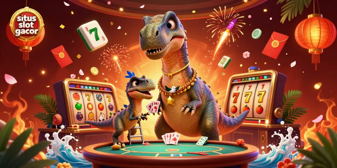 Experience the excitement of situs slot gacor with this vibrant casino scene featuring a brontosaurus and raptor.