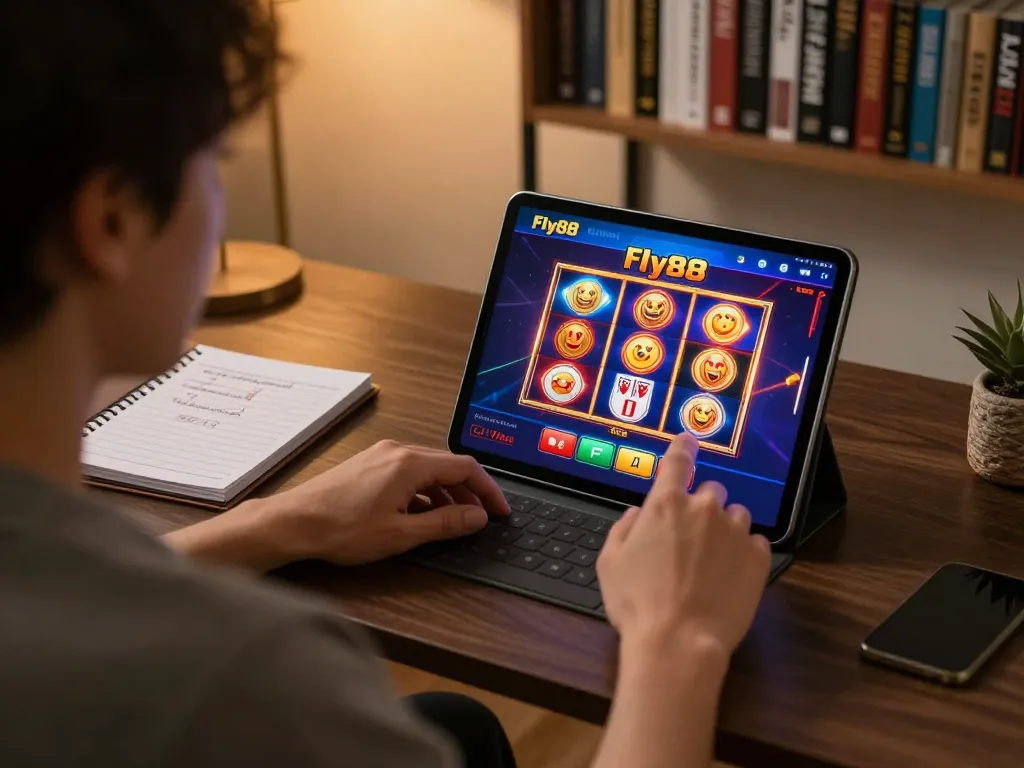 Engaging in online slots on Fly88 app displayed on tablet, showcasing responsible gaming at home.