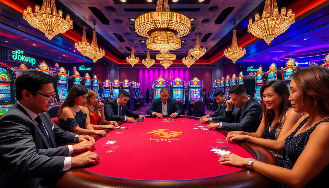 Luckywin gaming experience with players engaging at a vibrant table in a luxurious casino.