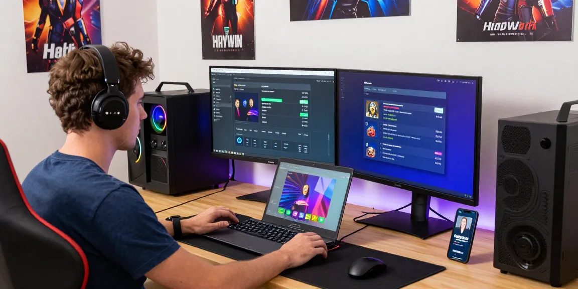 Dynamic gaming scene featuring a user experiencing the HAYWIN platform with vibrant colors and gaming gear.